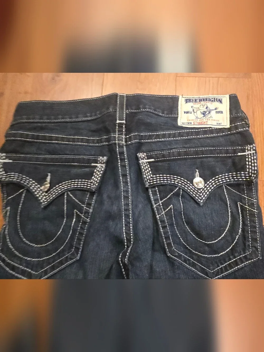 True Religion Ricky Straight Jeans Mens 34x34 Dark Wash Made USA Contrast Stitch